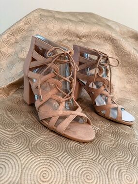 Franco Sarto Tan Lace-Up Block Heel Sandals
